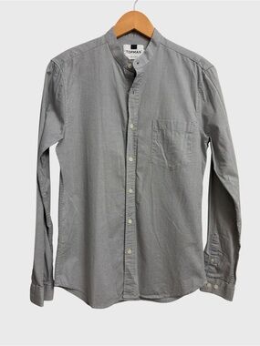 Topman Gray Band-Collar Button Up Shirt Men's Sz S Pocket Long Sleeve Minimalist